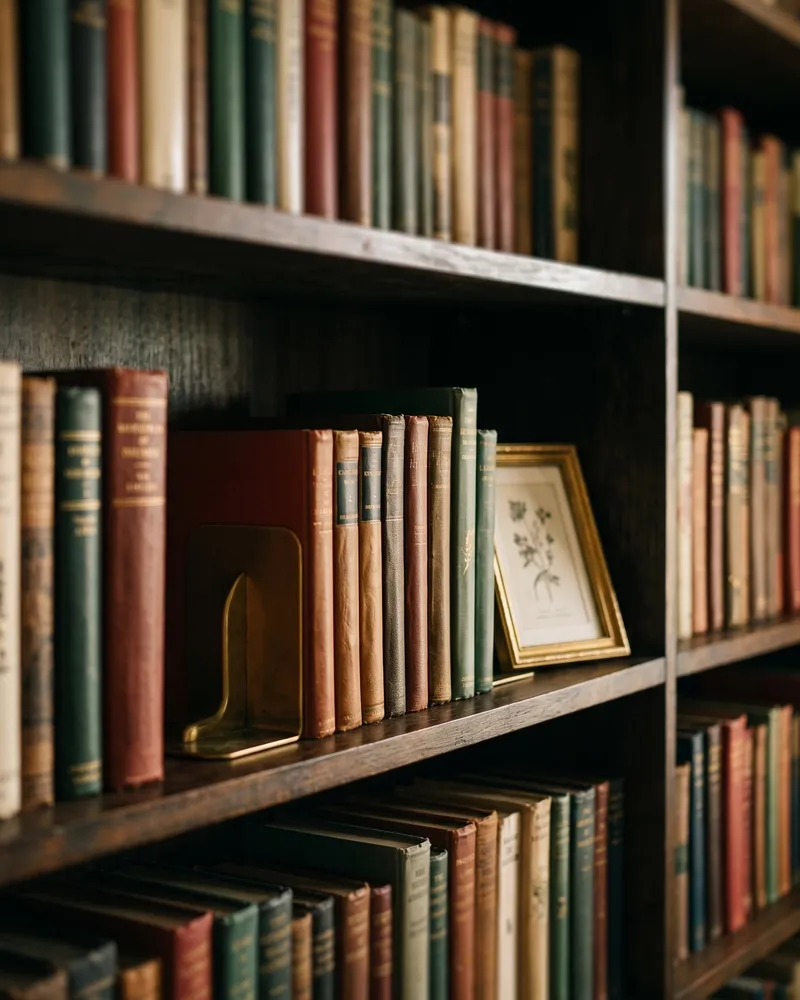 Bookshelf with well-worn hardcovers and a framed botanical print